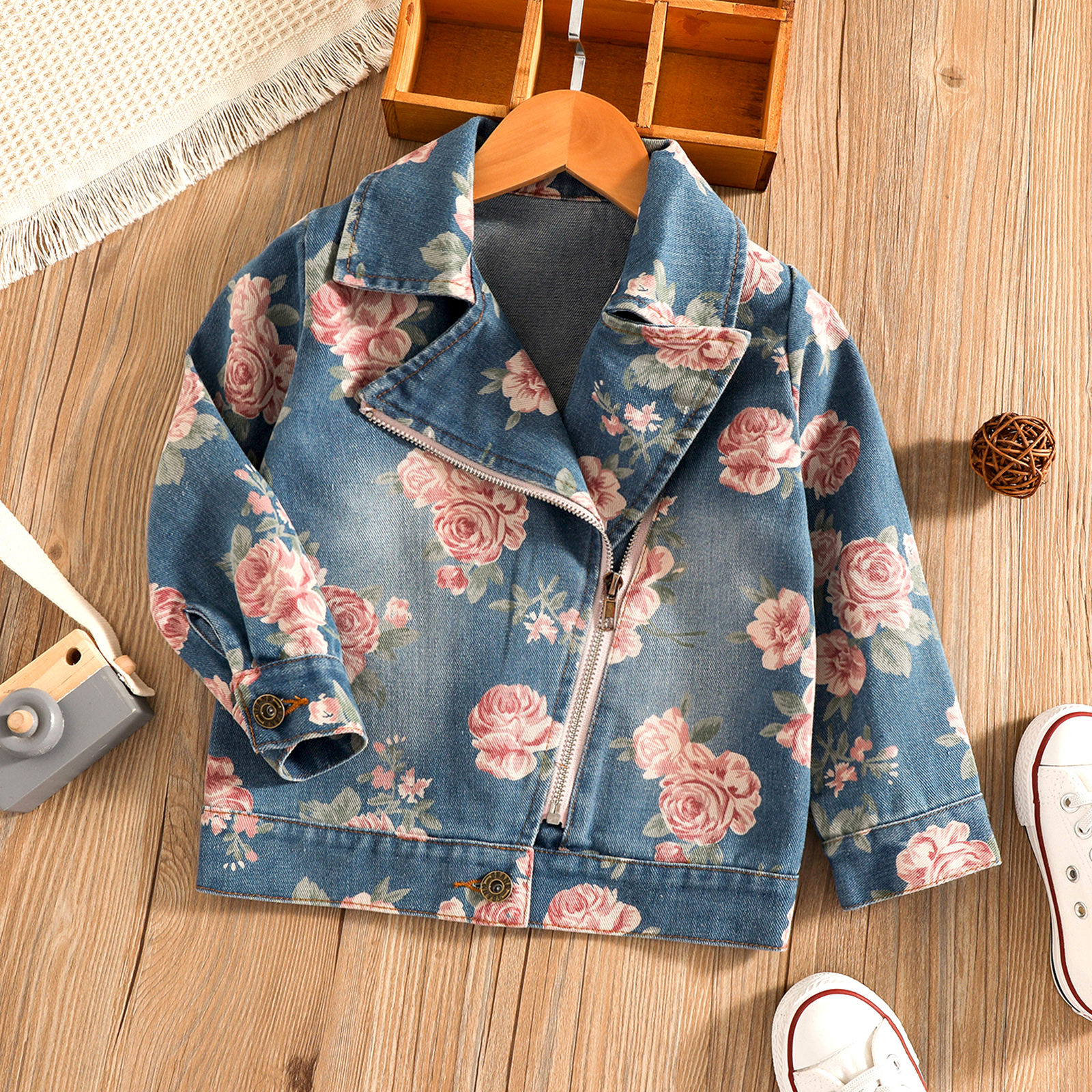 

Toddler Boy/Girl 100% Cotton Floral Print Zipper Denim Jacket