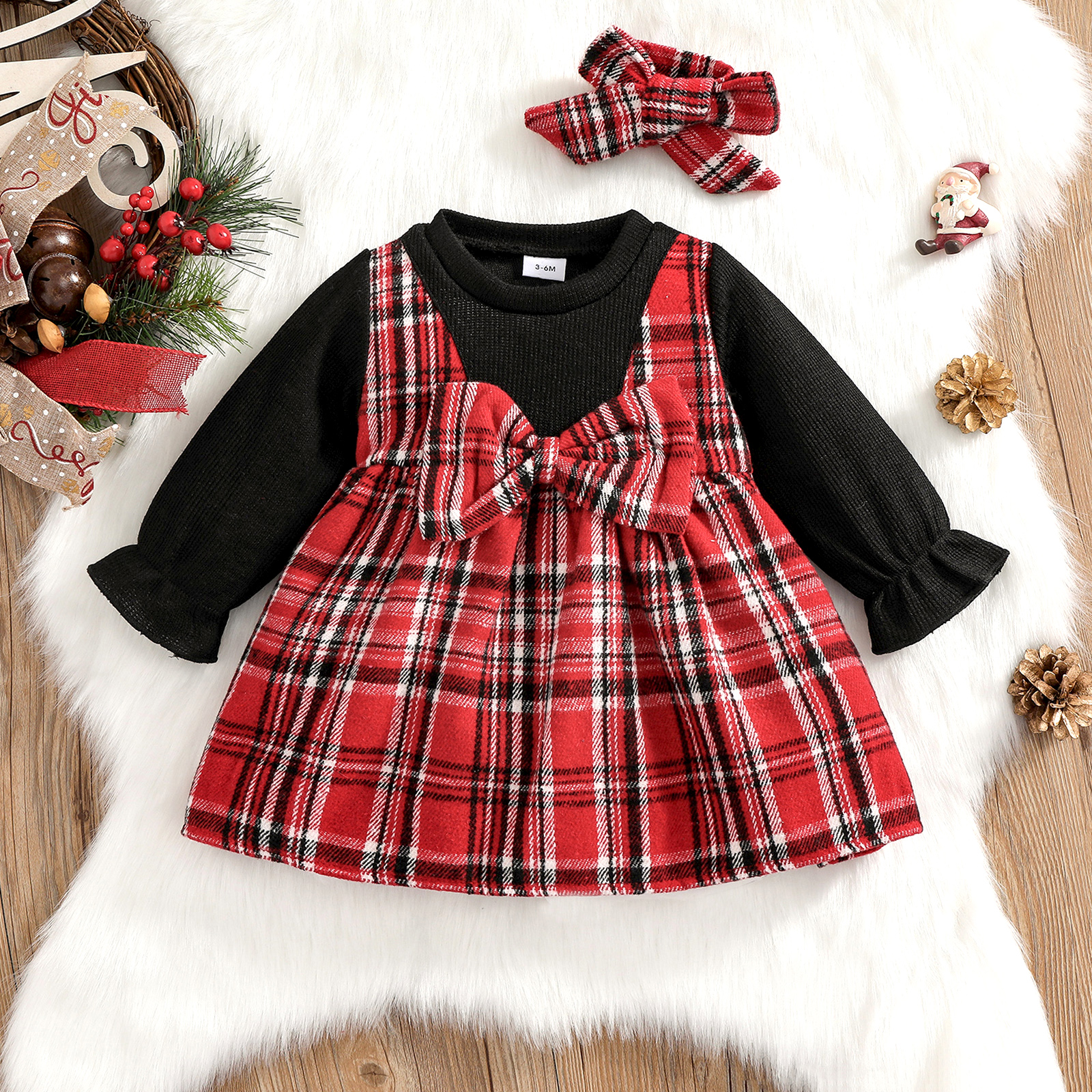 

2pcs Baby Girl Long-sleeve Red Plaid Bowknot Dress Set