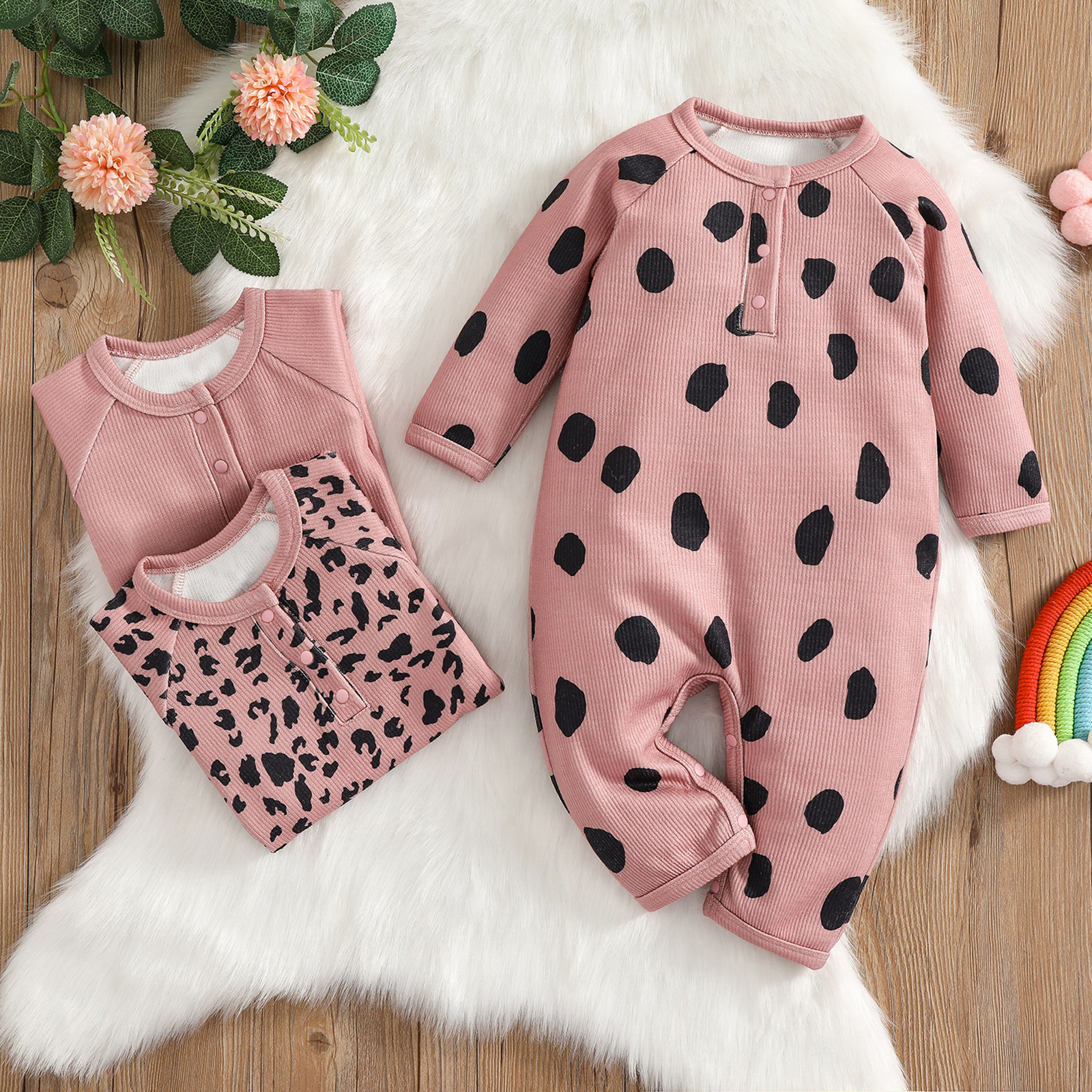 

Baby Girl Solid/Leopard/Dots Ribbed Long-sleeve Jumpsuit