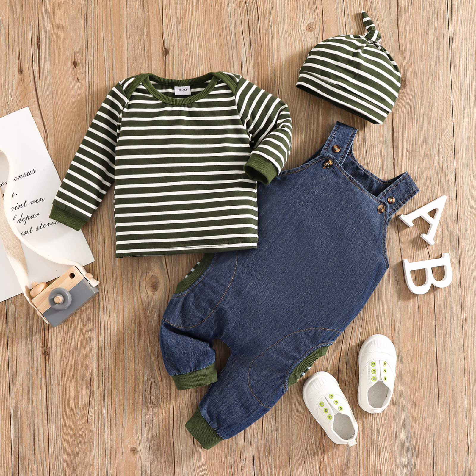 

100% Cotton 3pcs Baby Boy Green Striped Long-sleeve Top and Denim Overalls Set