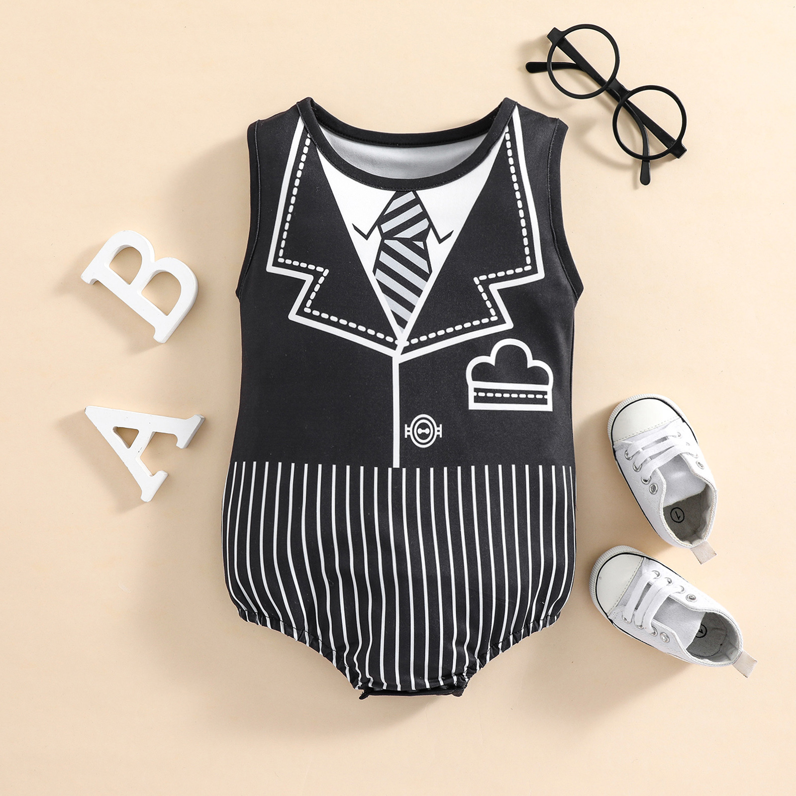 

Baby Boy Print Sleeveless Gentleman Faux-two Romper