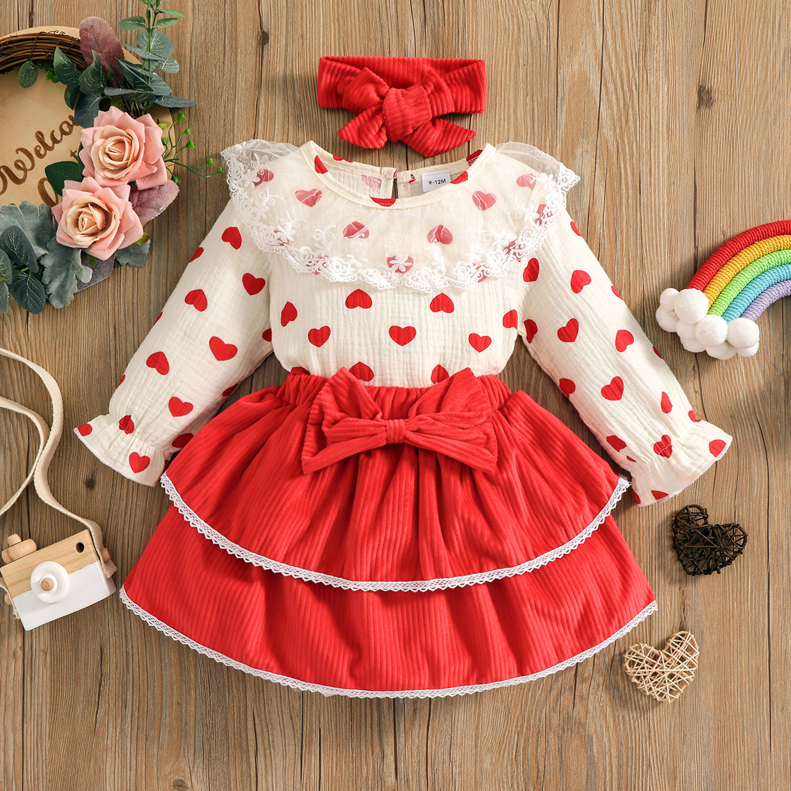 

100% Cotton 3pcs Baby Girl Love Heart Print Long-sleeve Top and Layered Skirt with Headband Set