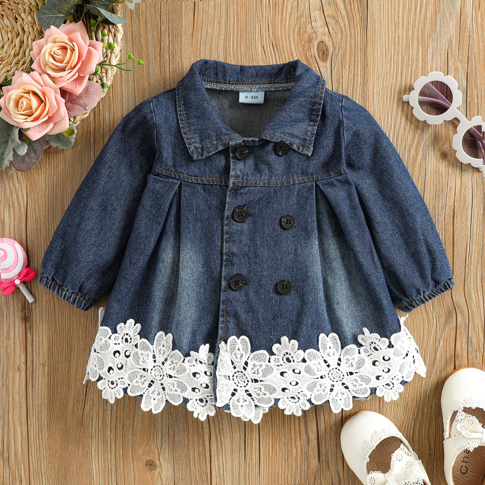 

100% Cotton Baby Girl Double Breasted Lace Hem Long-sleeve Denim Jacket