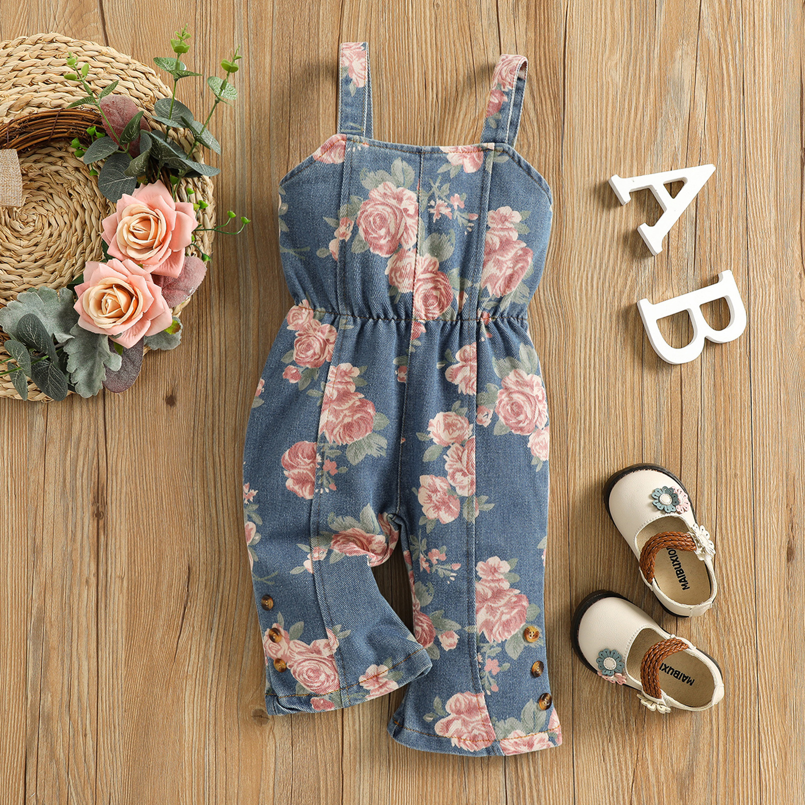 

100% Cotton Baby Girl All Over Floral Print Sleeveless Denim Overalls