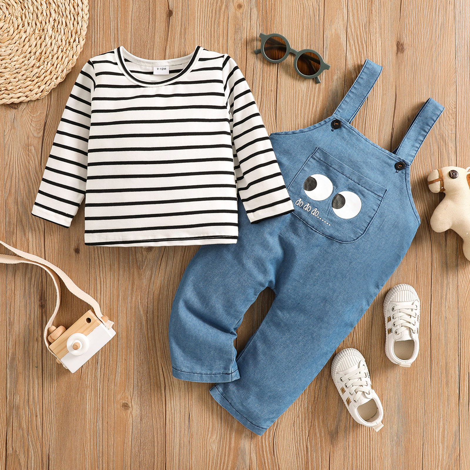 

2pcs Baby Boy Striped Long-sleeve Top and 100% Cotton Cartoon Denim Overalls Set