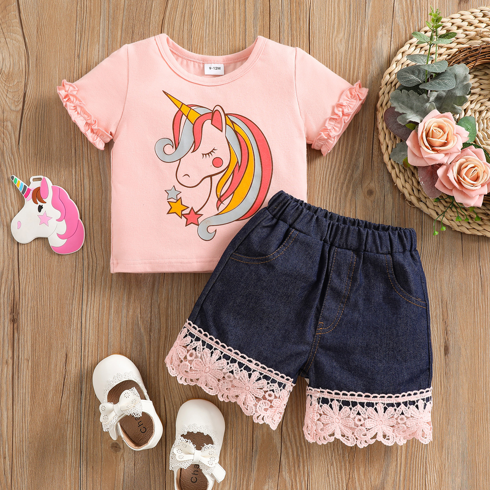 

2pcs Baby Girl Cartoon Unicorn Print Short-sleeve T-shirts and 100% Cotton Lace Denim Shorts Set