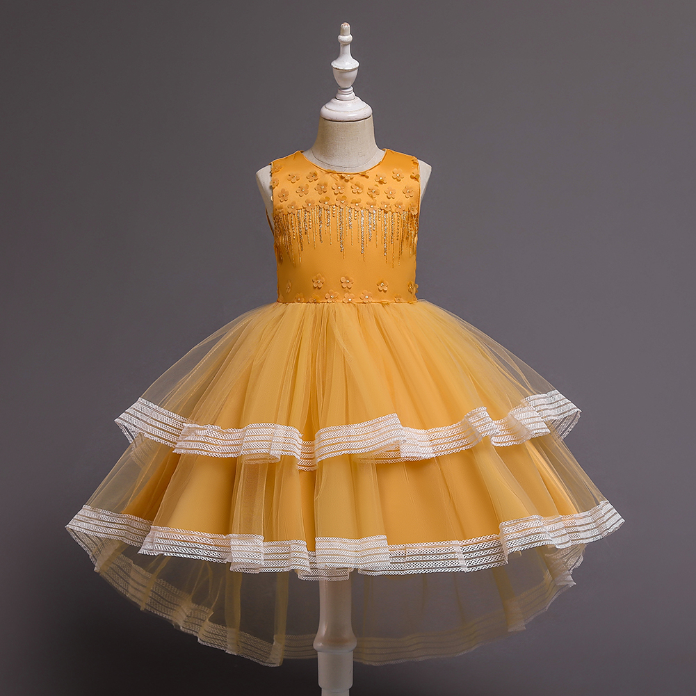 

Kid Girl Floral Embroidered Bowknot Design Sleeveless High Low Princess Costume Party Tulle Dress
