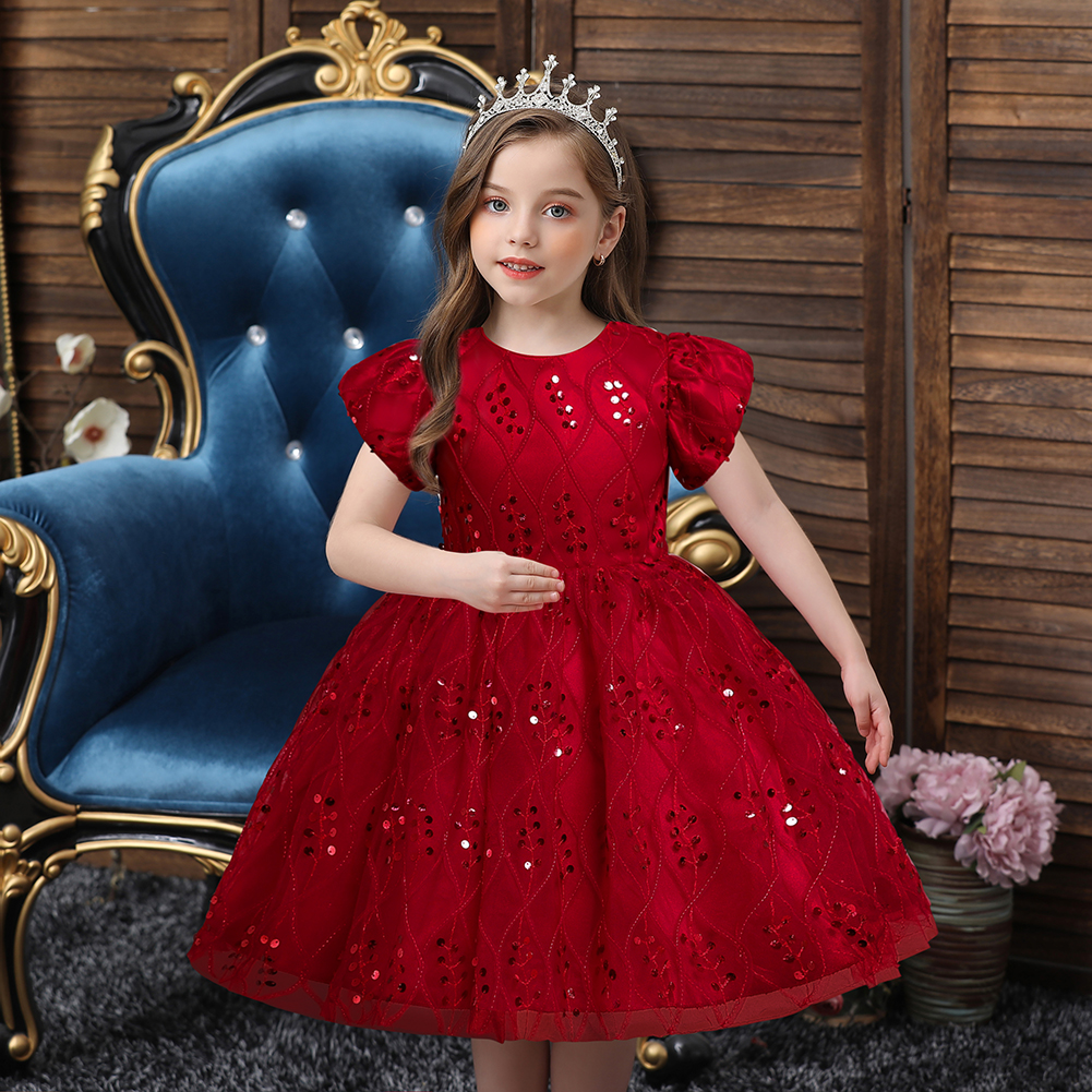 

Kid Girl Sequined Short-sleeve Princess Costume Party Mesh Dress