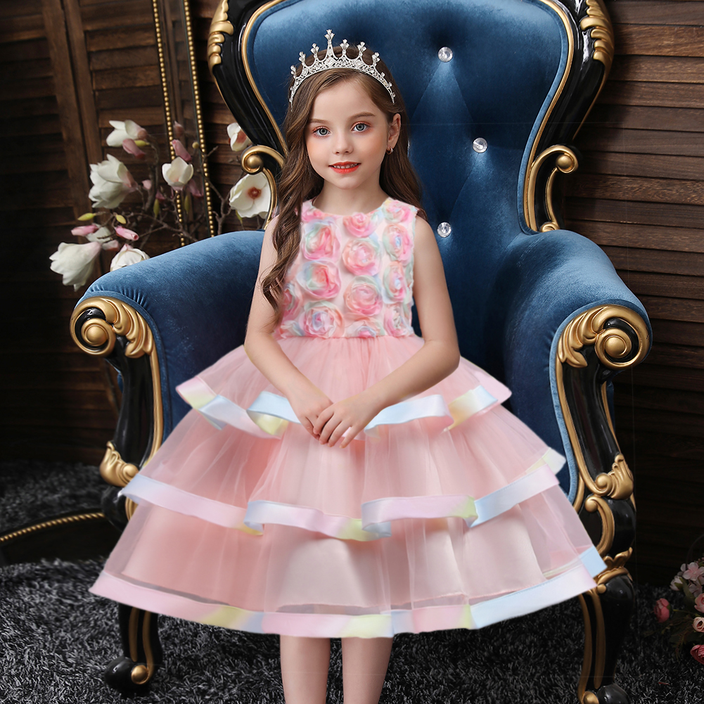 

Kid Girl Floral Embroidered Sleeveless Princes Party Mesh Layered Dress