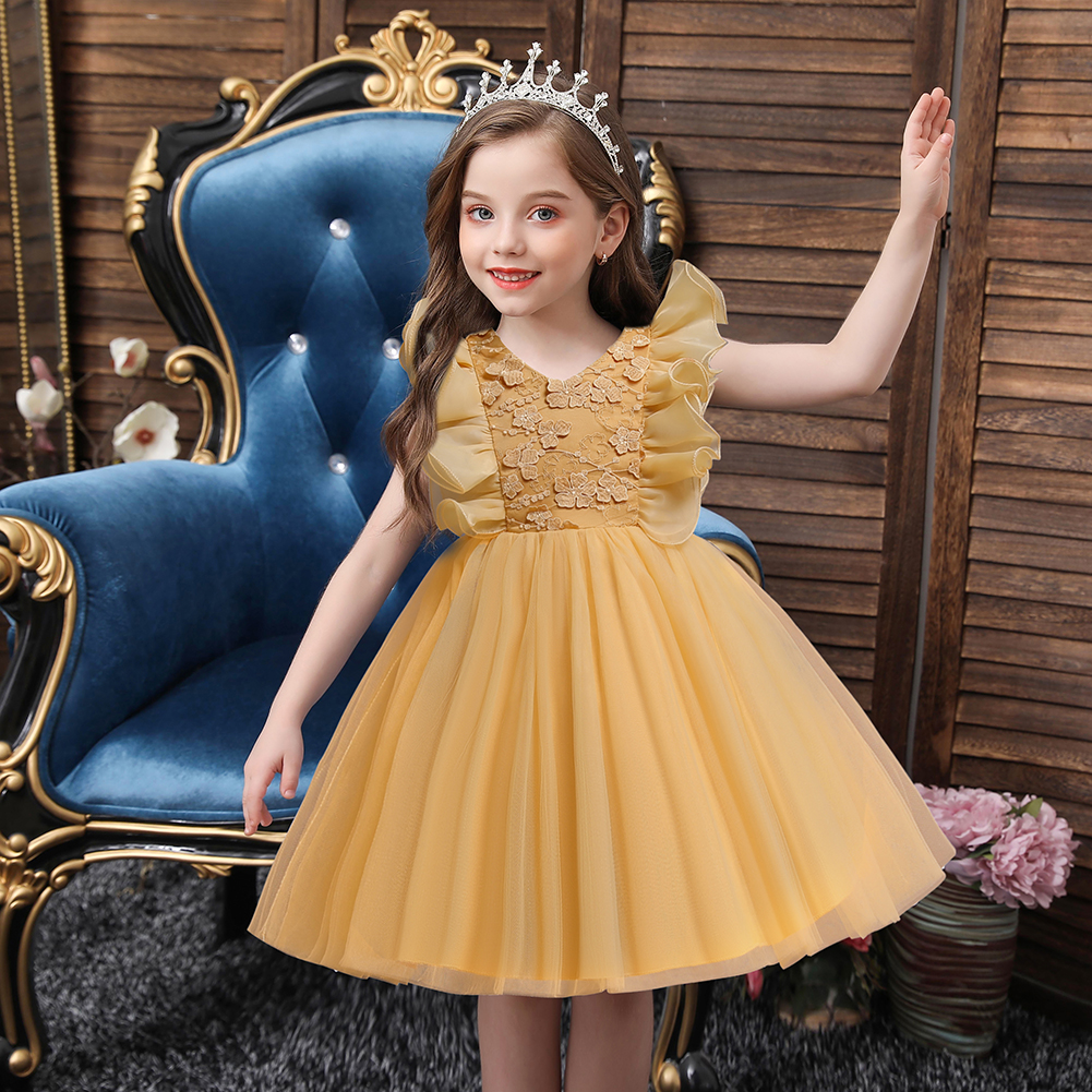 

Toddler Girl Floral Embroidered Ruffled Princess Costume Party Mesh Dress