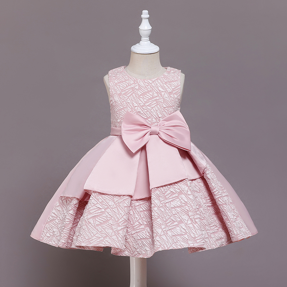 

Toddler Girl Textured Bowknot Design Sleeveless Pleated Pink Princess Party Dress