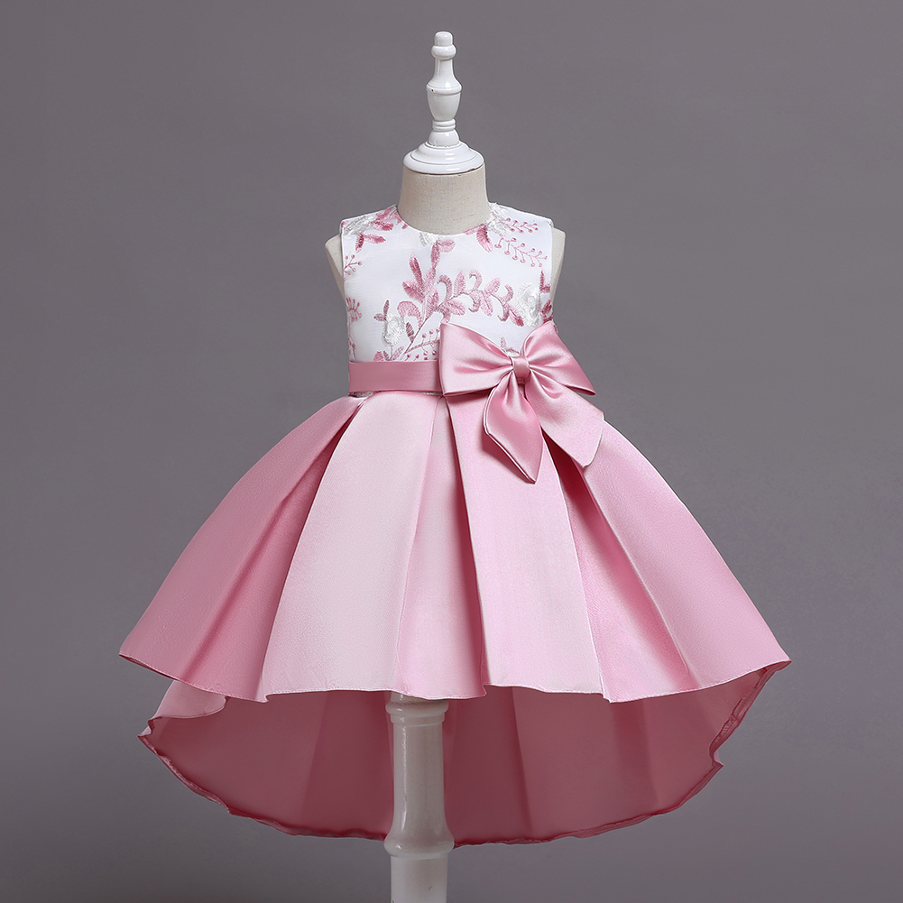 

Toddler Girl Floral Embroidered Bowknot Design Sleeveless High Low Pink Party Dress