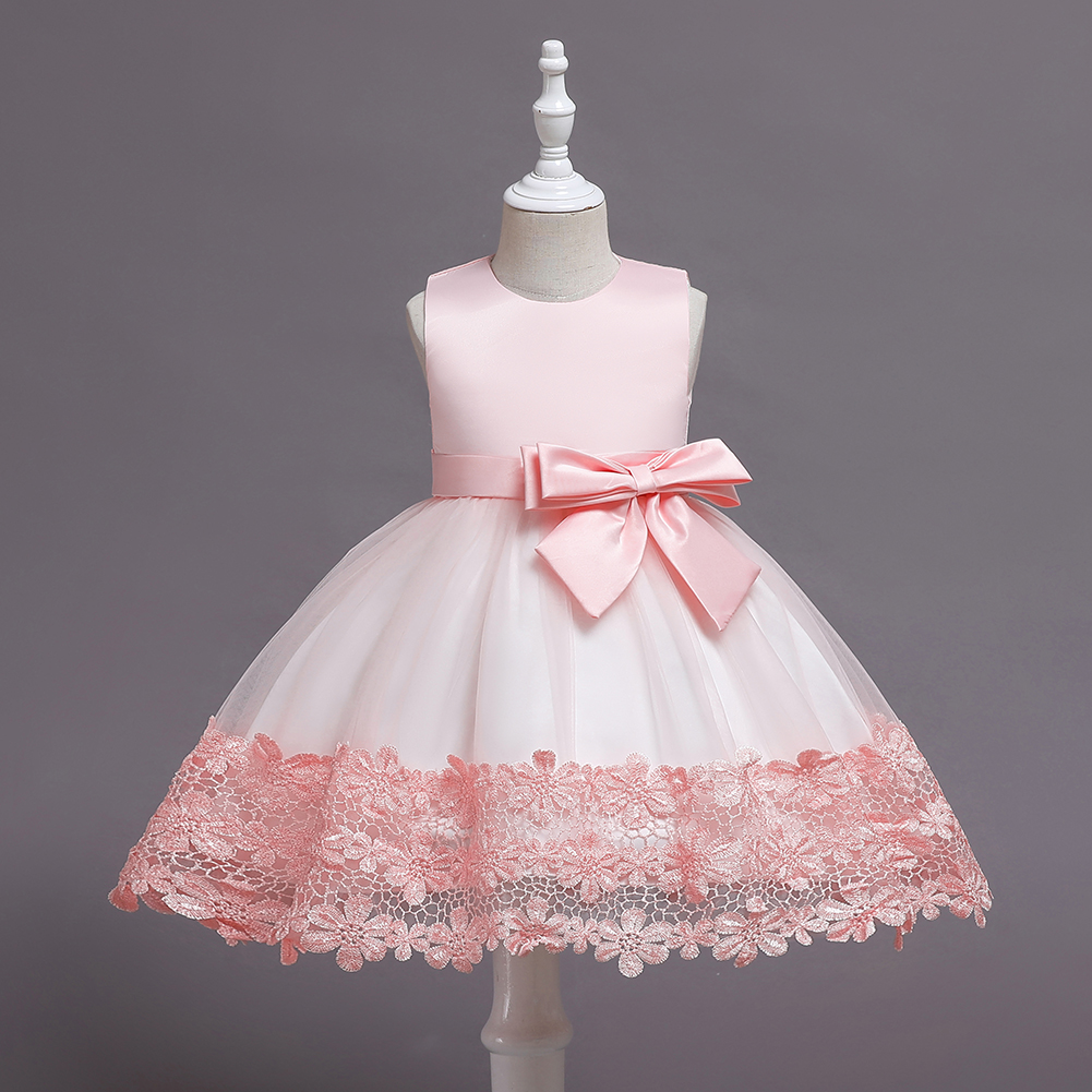 

Toddler Girl Bowknot Design Floral Lace Hem Sleeveless Pink Mesh Party Dress