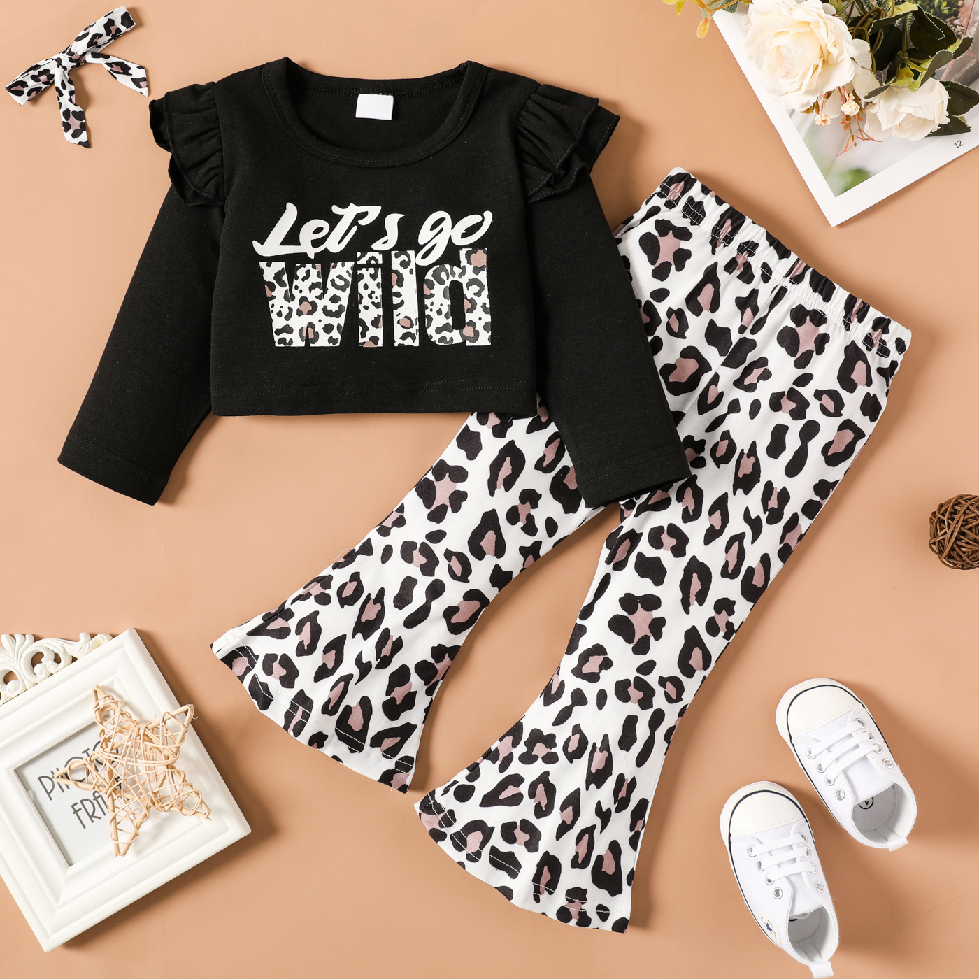 

3pcs Baby Girl Letter Print Ruffle Long-sleeve Crop Top and Leopard Flared Pants with Headband Set