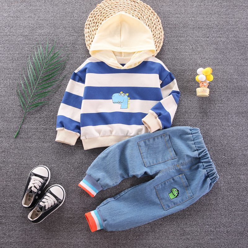 

2pcs Cartoon Dinosaur Print Blue Striped Long-sleeve Cotton Hoodie and Denim Jeans Set
