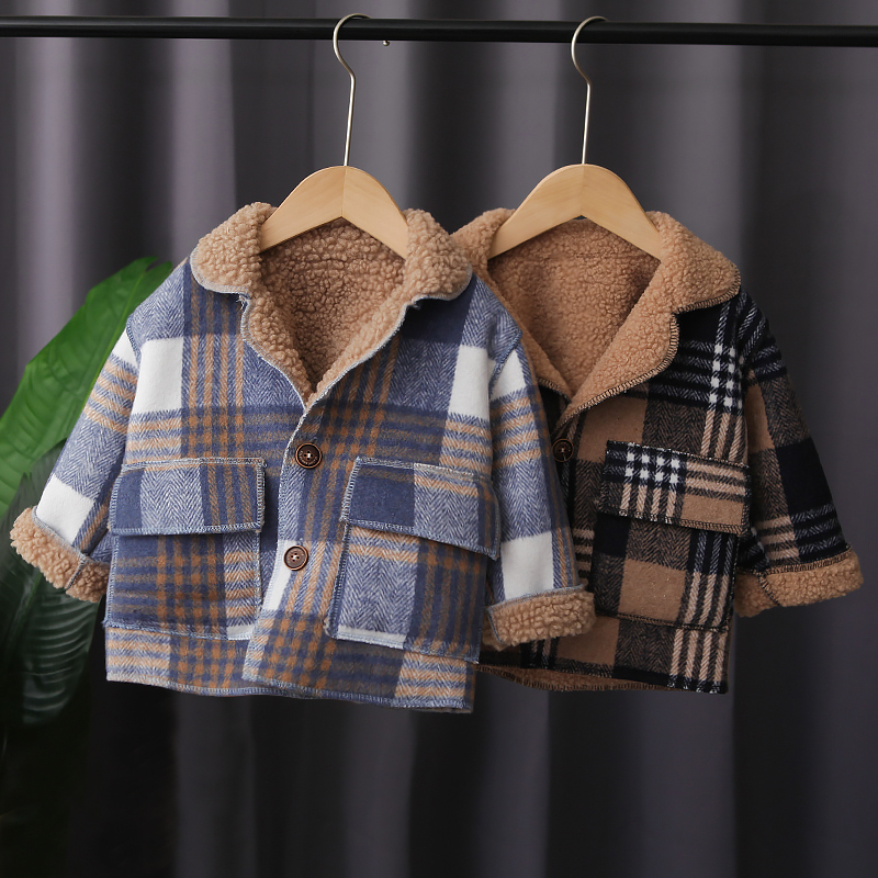 

Toddler Boy Plaid Button Design Fuzzy Coat