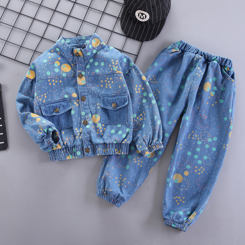 

2-piece Toddler Boy Colorful Dots Print Button Design Denim Jacket and Pants Set