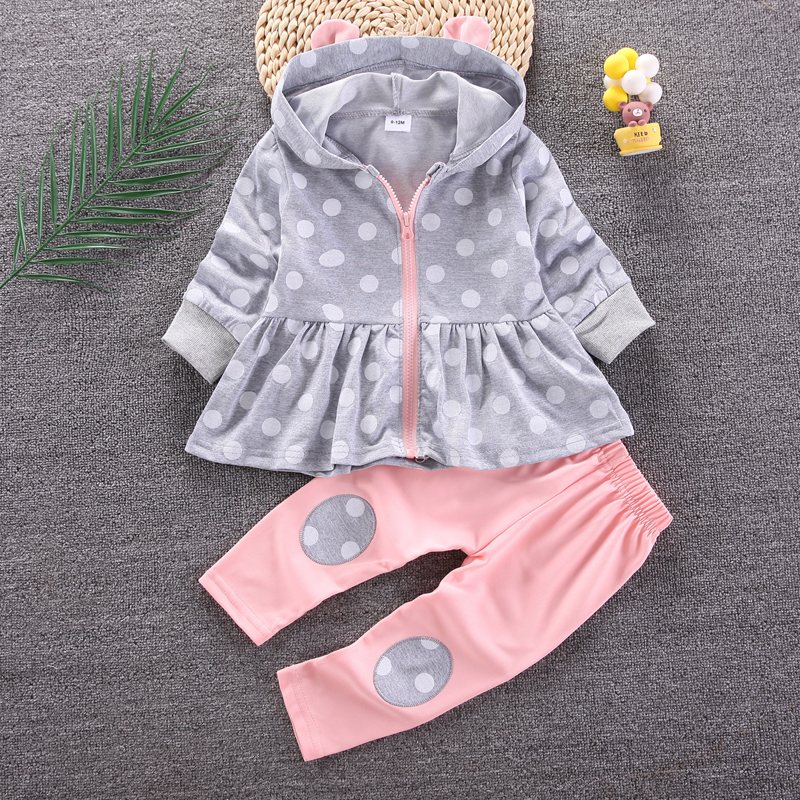 

2pcs Baby Girl Polka Dots Zipper Hooded Long-sleeve Top and Pants Set