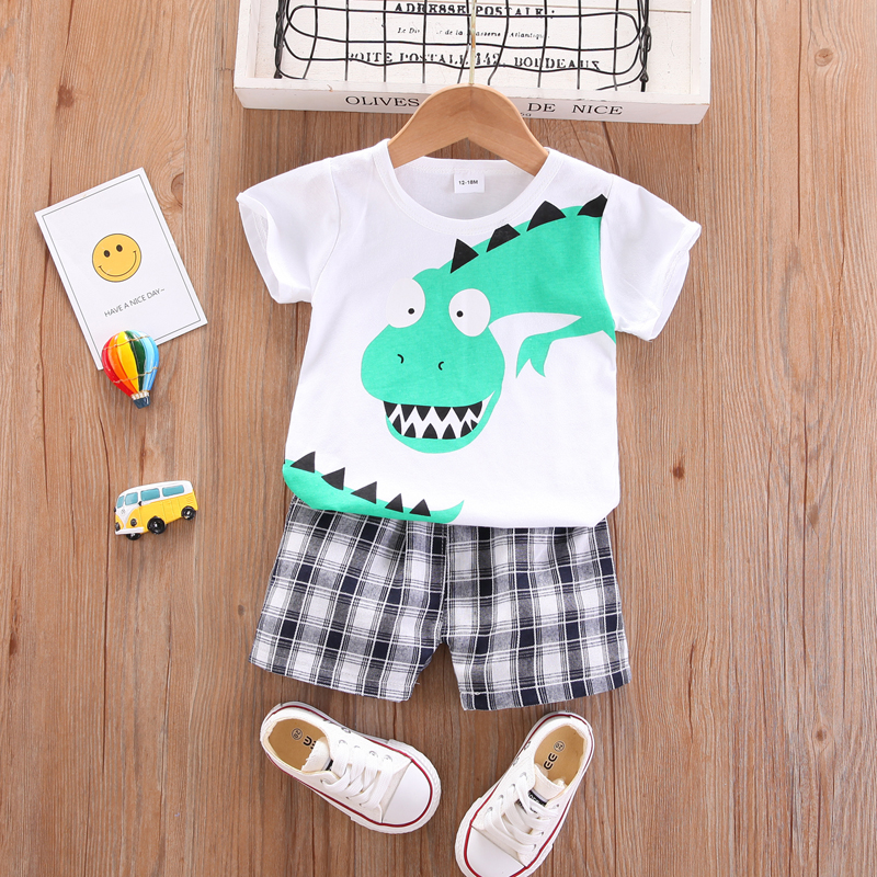 

2pcs Baby Boy Cartoon Dinosaur Print Short-sleeve T-shirt and Plaid Shorts Set