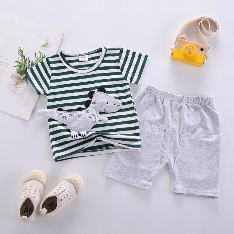 

2pcs Baby Boy Cartoon Dinosaur Design Striped Short-sleeve T-shirt and Solid Shorts Set