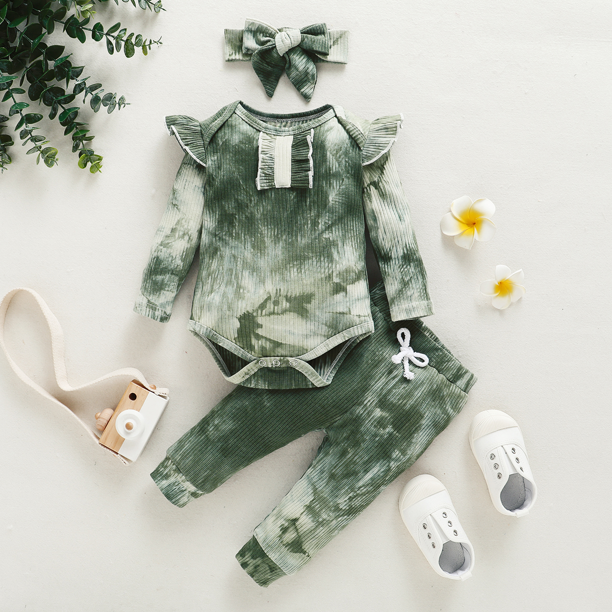

3pcs Baby Girl Long-sleeve Cotton Retro Tie dye Baby's Sets
