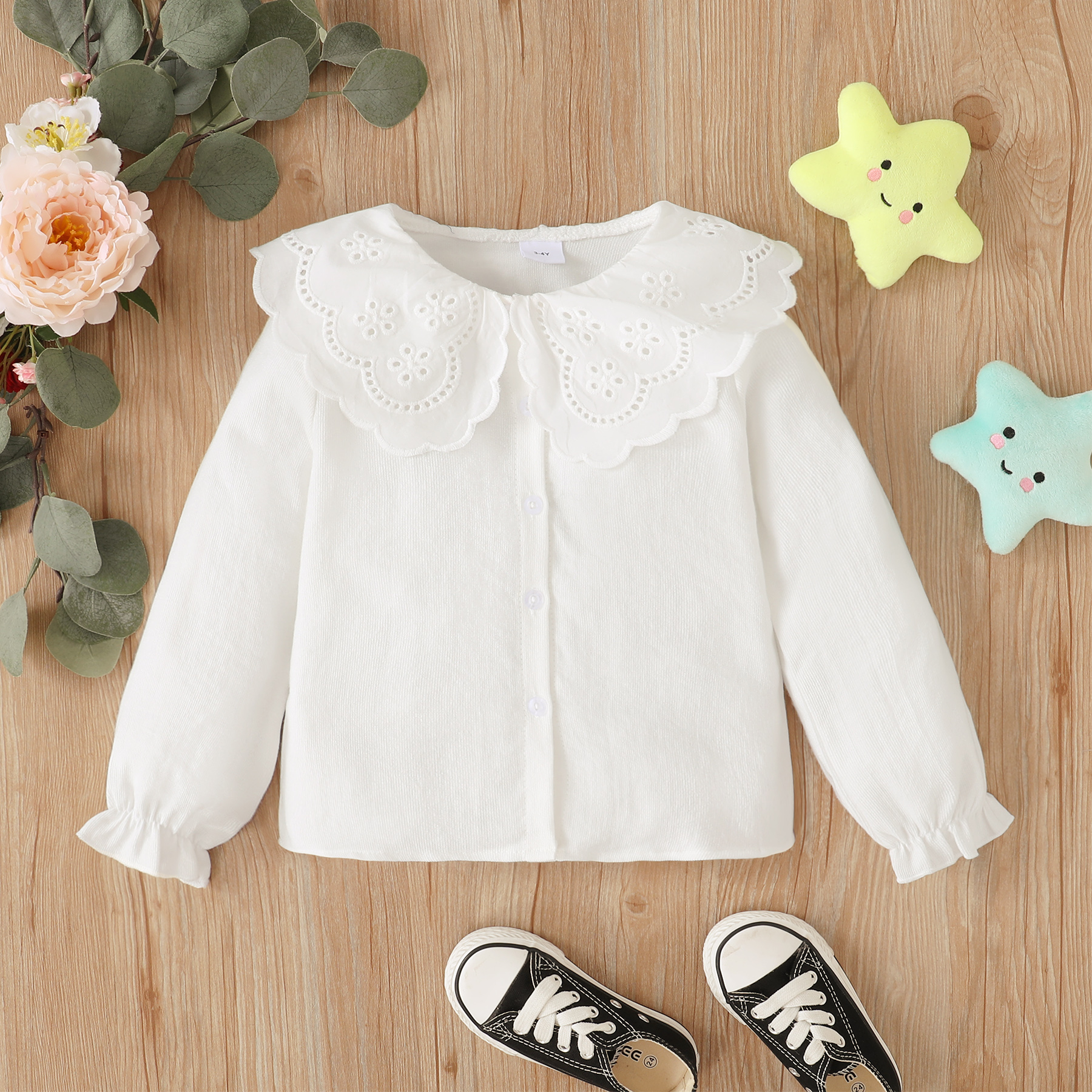 

Toddler Girl Solid Hollow out Doll Collar Ruffled Long-sleeve Shirt