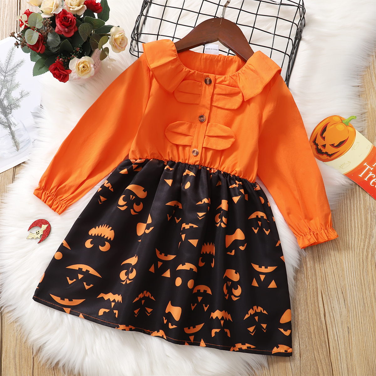 

Toddler Girl 100% Cotton Halloween Print Button Design Long-sleeve Splice Dress