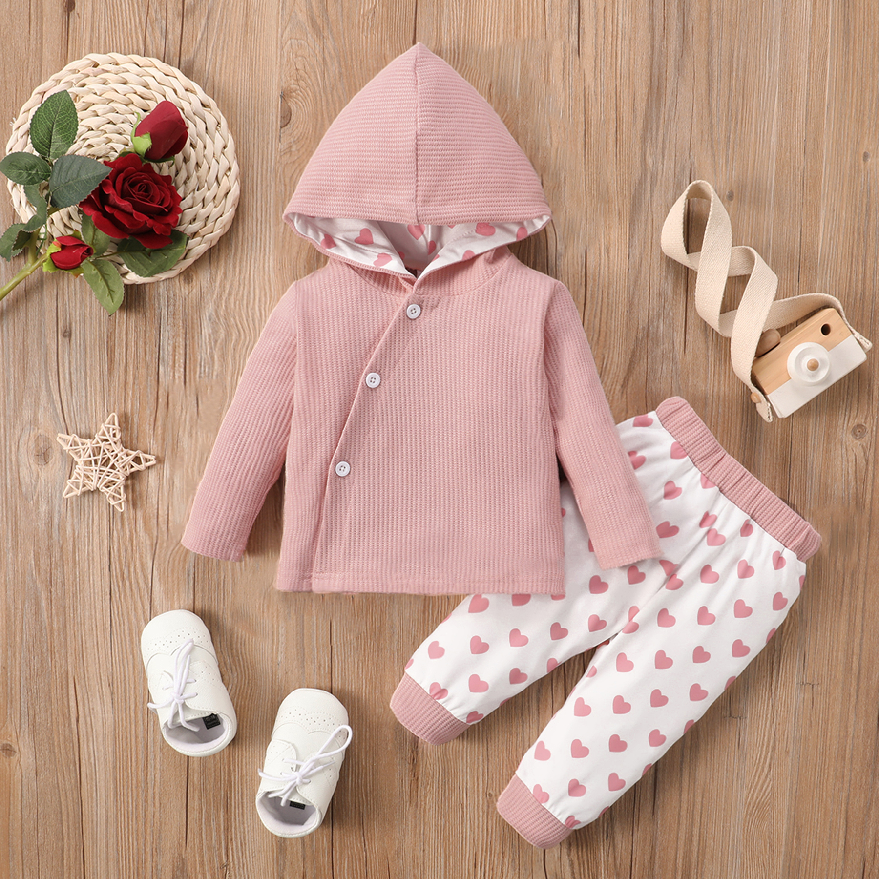 

2pcs Baby Girl Pink Waffle Long-sleeve Hooded Top and Love Heart Print Trousers Set