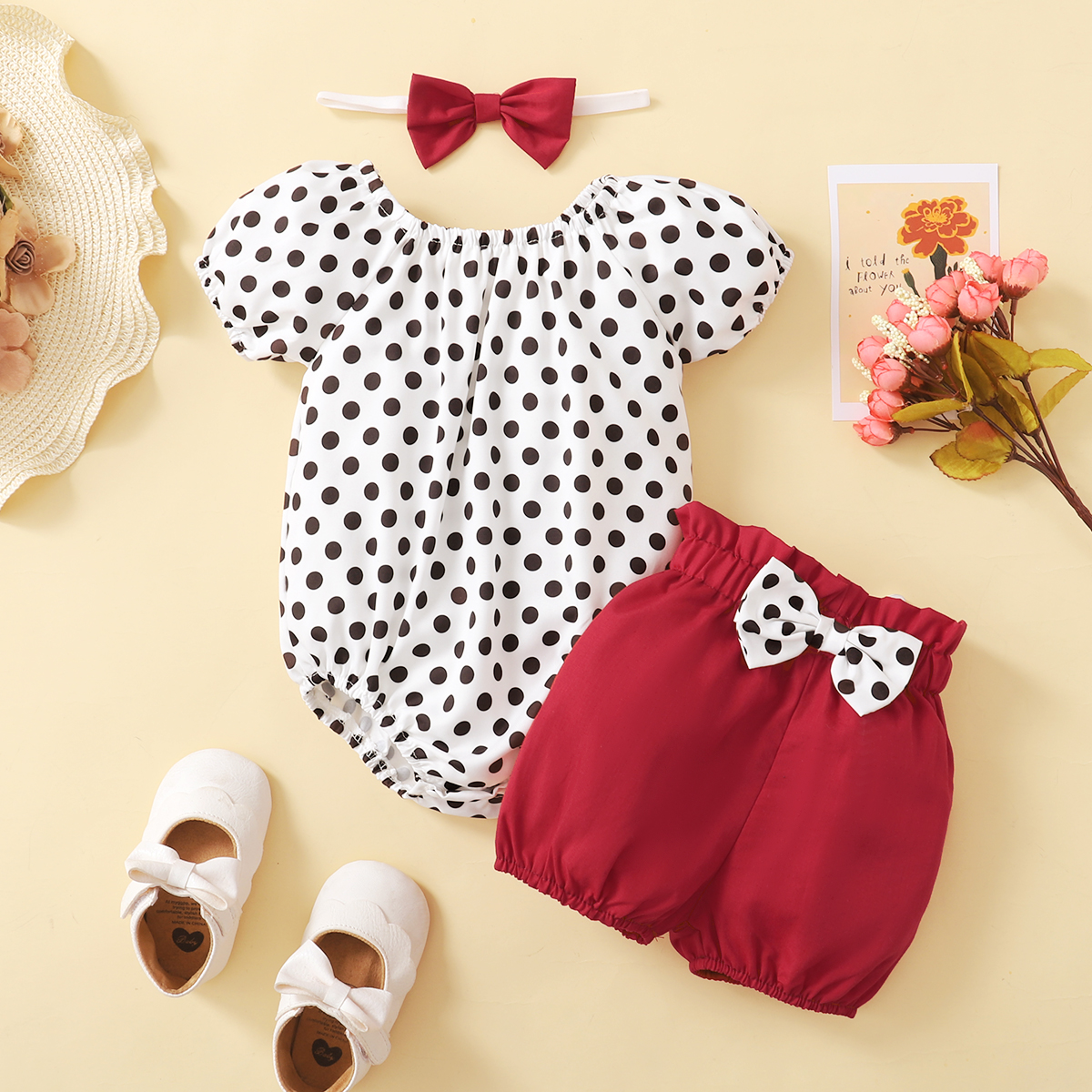 

3pcs Baby Girl Polka Dots Puff-sleeve Romper and Bowknot Shorts with Headband Set