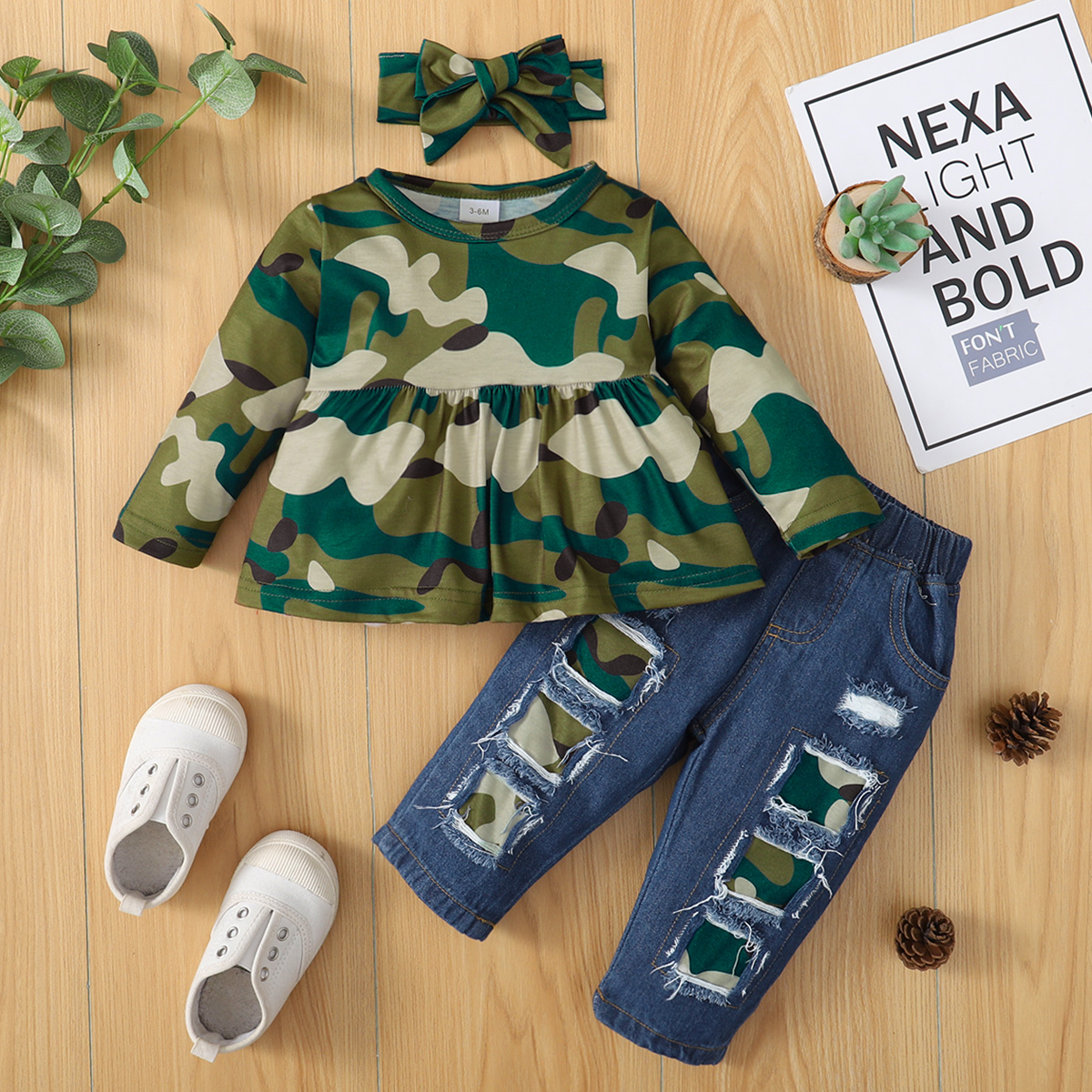 

3pcs Baby Girl Camouflage Long-sleeve Pleated Top and 100% Cotton Ripped Jeans with Headband Set