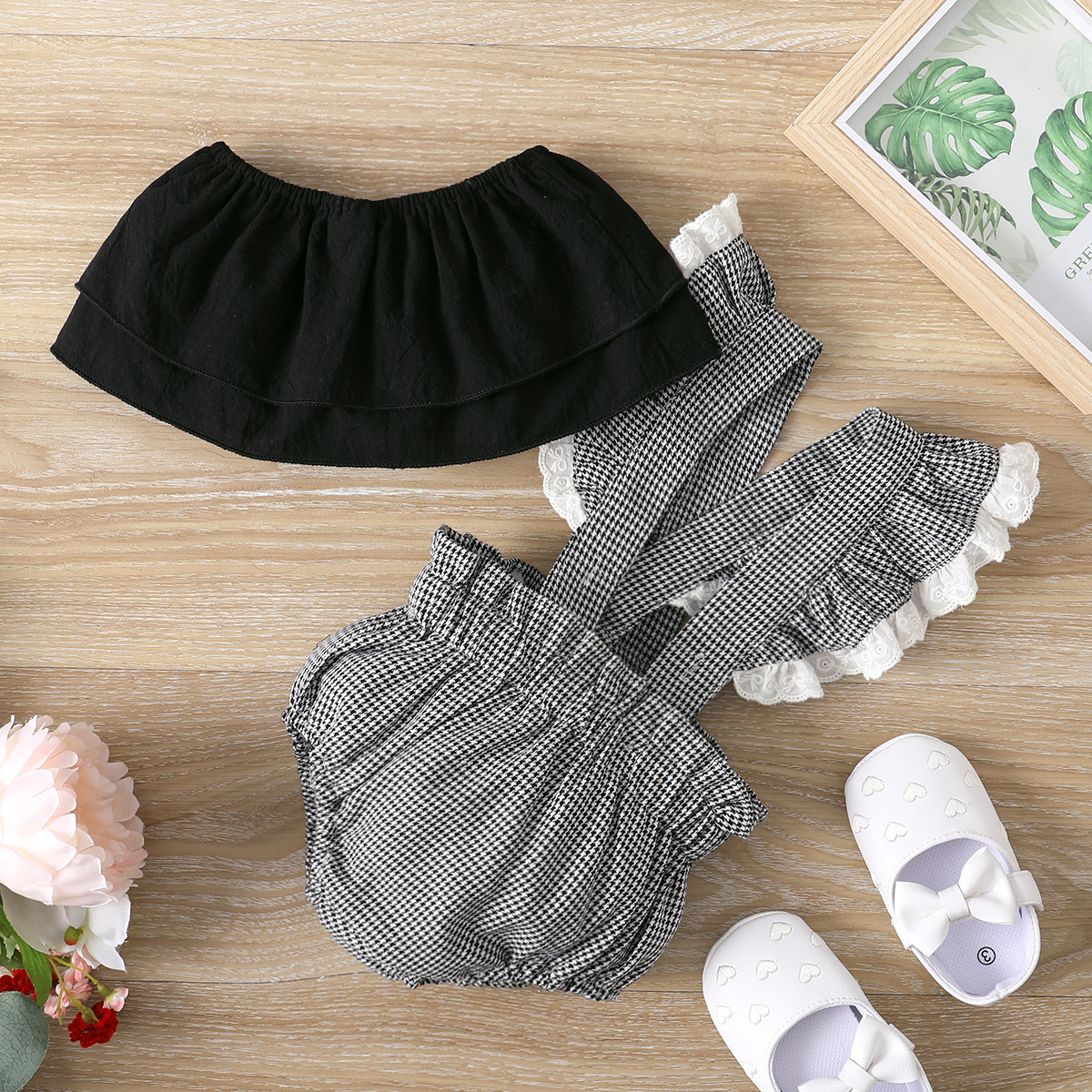 

2pcs Baby Girl 100% Cotton Off Shoulder Layered Tube Top and Plaid Ruffle Romper Set