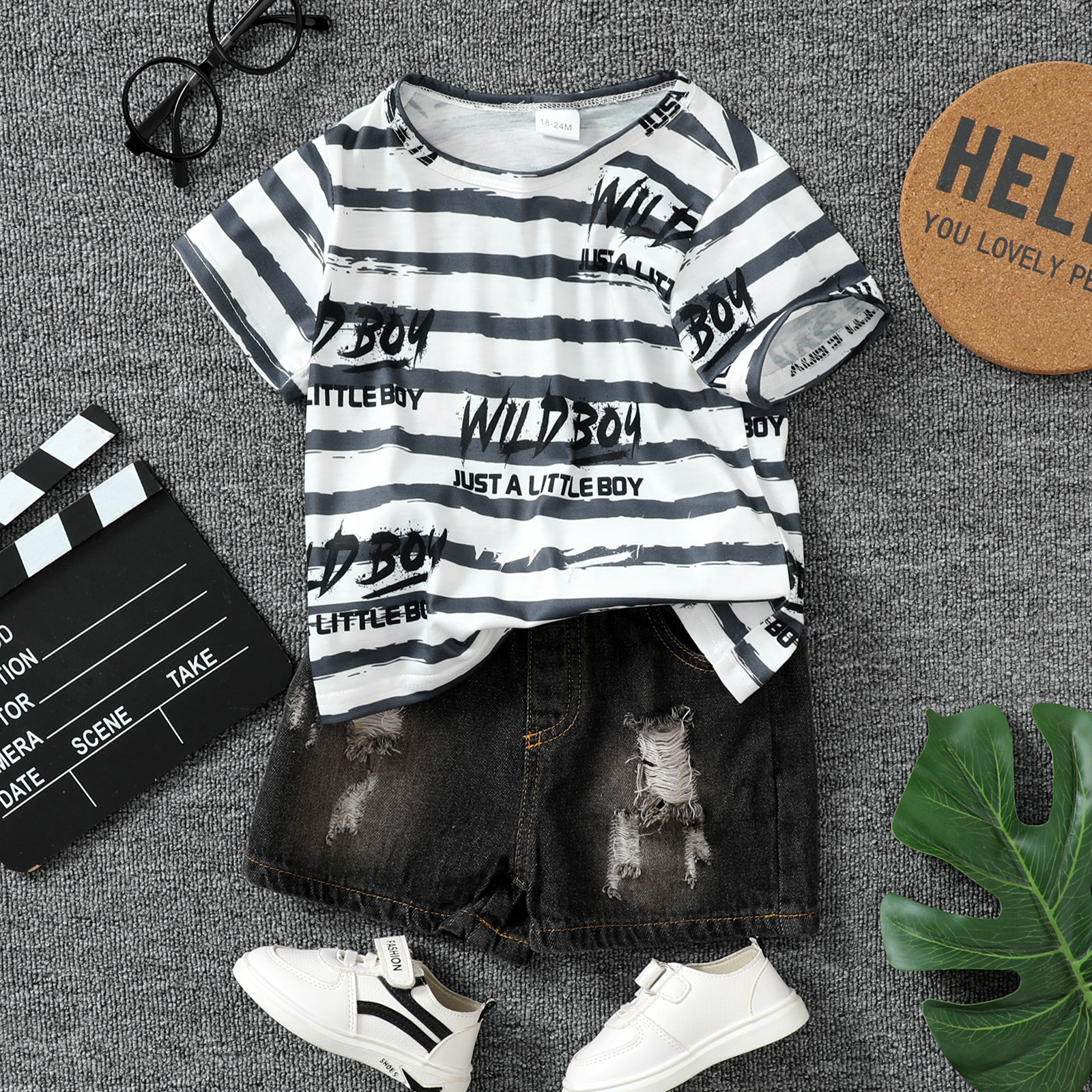

2pcs Toddler Boy Casual Ripped Denim Shorts and Letter Print Stripe Tee Set