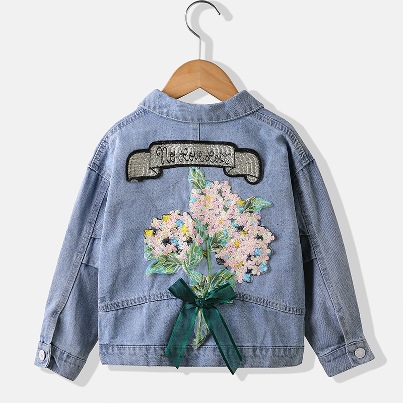 

Toddler Girl Back Floral Embroidery Bowknot Decor Button Design Denim Jacket Coat
