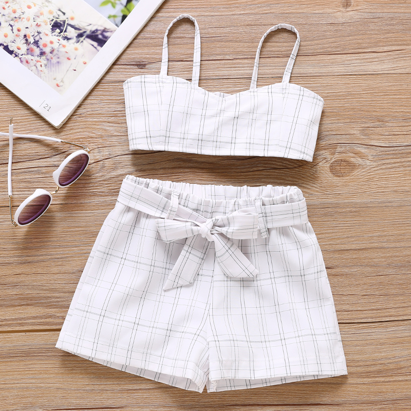 

2-piece Toddler Girl Ruffled Plaid Tank Top and Elasticized Shorts with Belt Set