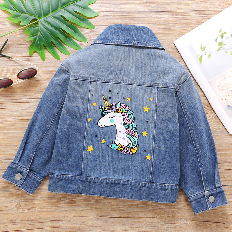 

Toddler Girl Back Unicorn Stars Print Button Design Denim Jacket Coat