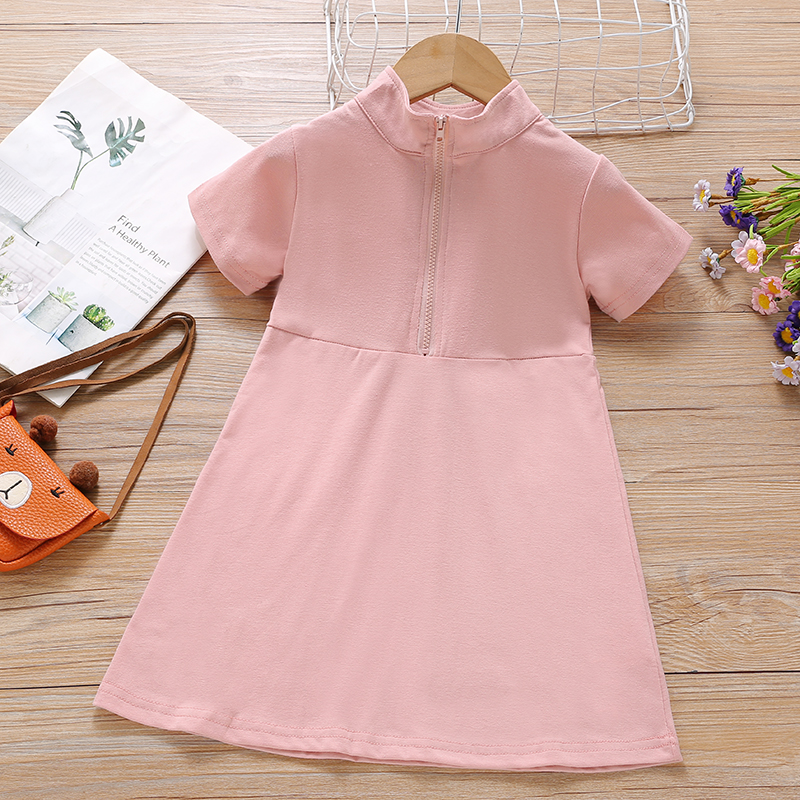 

Toddler Girl Stand Collar Zipper Short-sleeve Solid Dress