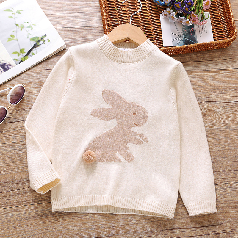 

Toddler Girl Cute Rabbit Embroidery Pompom Decor Button Design Sweater