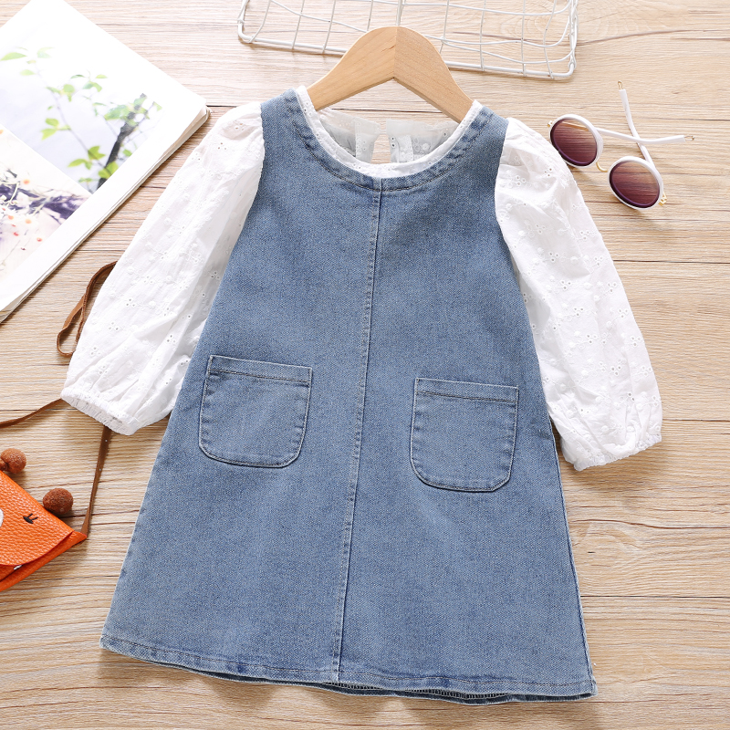 

Toddler Girl Colorblock Long-sleeve Splice Casual Denim Dress with Pocket