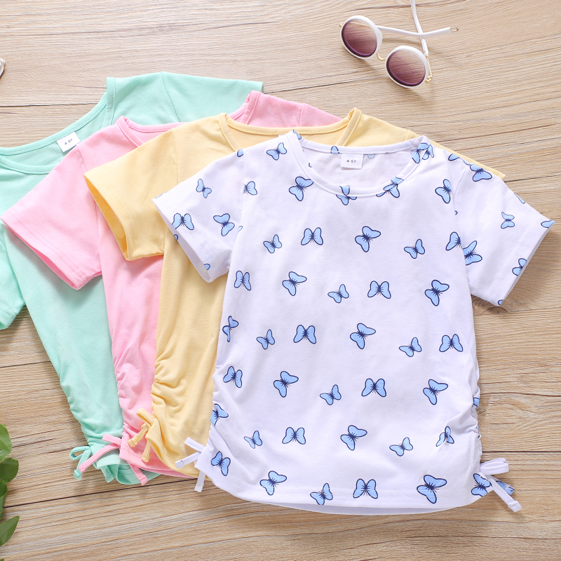 

Toddler Girl Butterfly Print/Solid Drawstring Casual T-shirt