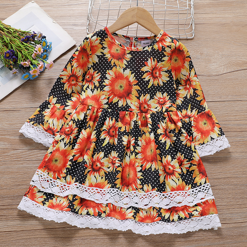 

Toddler Girl Floral Print Lace Design Long-sleeve Dress