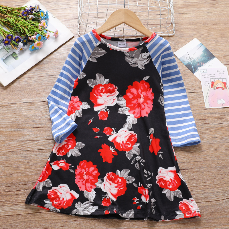 

Toddler Girl Floral Print Striped Long-sleeve Dress