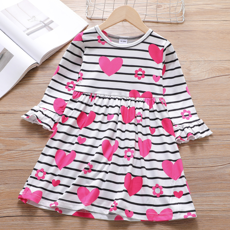 

Toddler Girl Heart Print Stripe Long-sleeve Dress