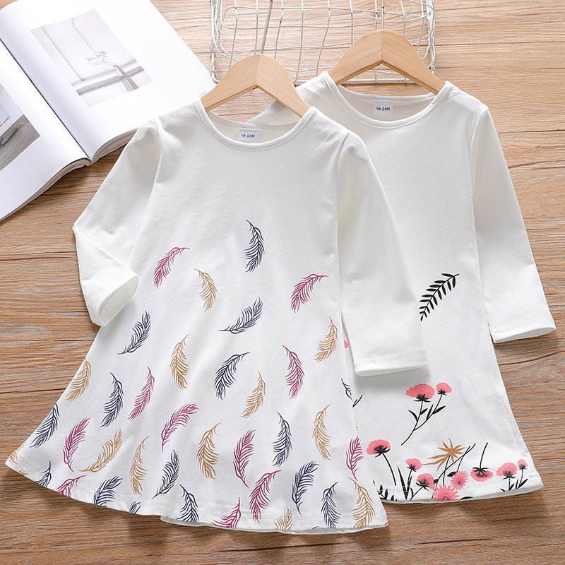 

Toddler Girl Floral/ Feather Print Long-sleeve Dress