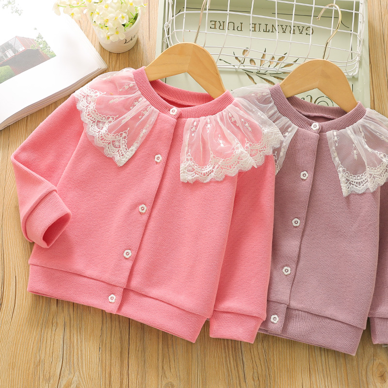 

Toddler Girl Lace Decor Doll Collar Button Design Casual Coat