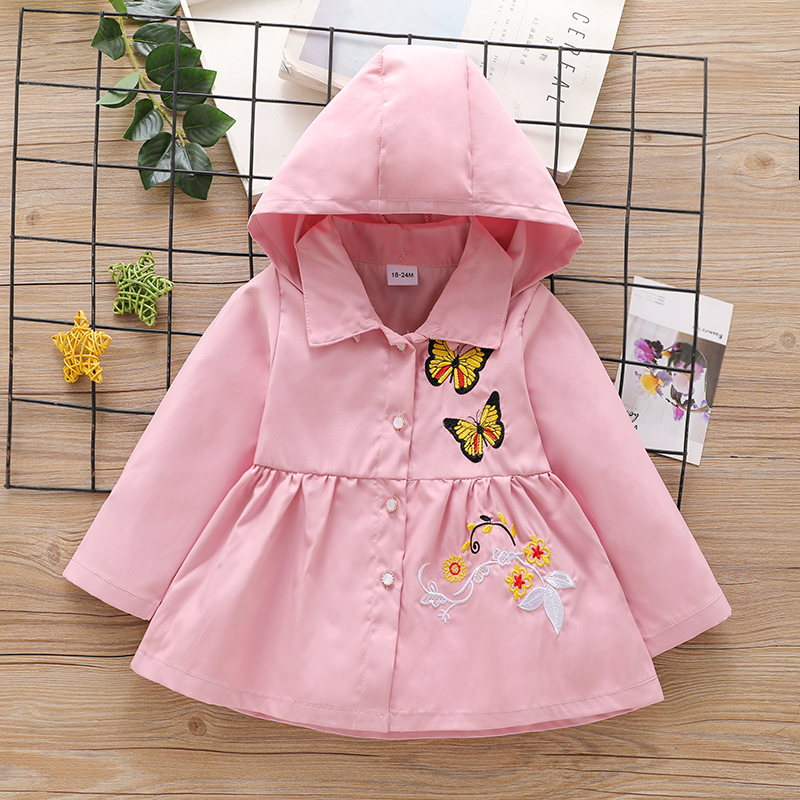 

Toddler Girl Floral Butterfly Embroidered Button Design Hooded Trench Coat
