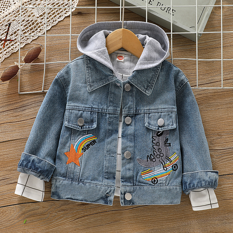 

Toddler Boy Animal Letter Rainbow Star Embroidered Hooded Denim Jacket