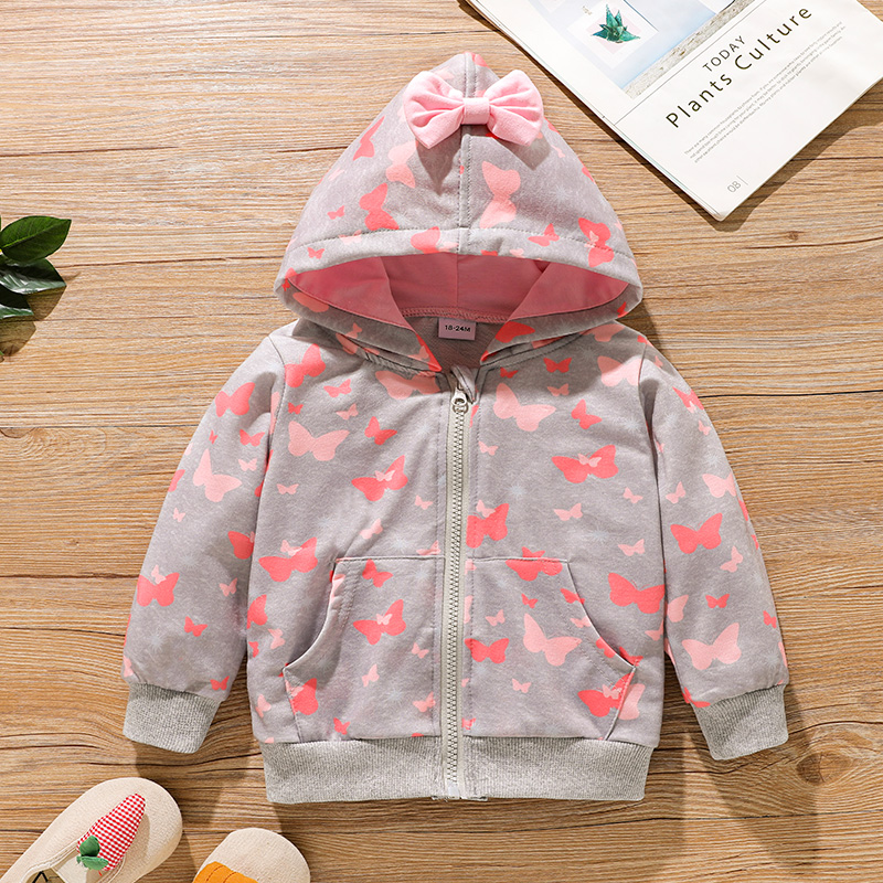 

Toddler Girl Butterfly Print Bowknot Design Zipper Hooded Jacket Sweatshirt