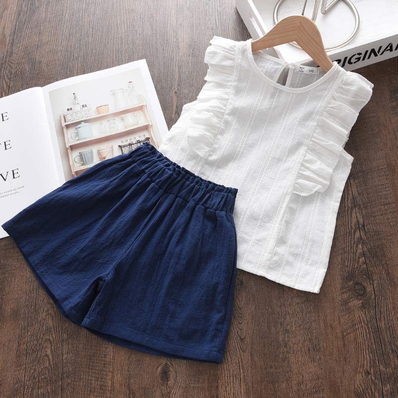 

2-piece Toddler Girl 100% Cotton Ruffled White Sleeveless Top and Dark Blue Shorts Set