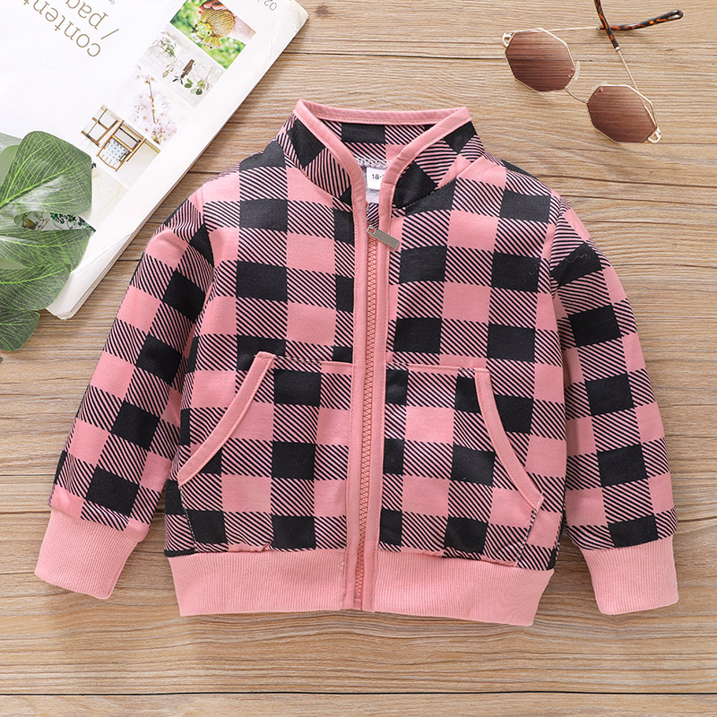 

Toddler Girl Stand Collar Plaid Zipper Pocket Design Jacket