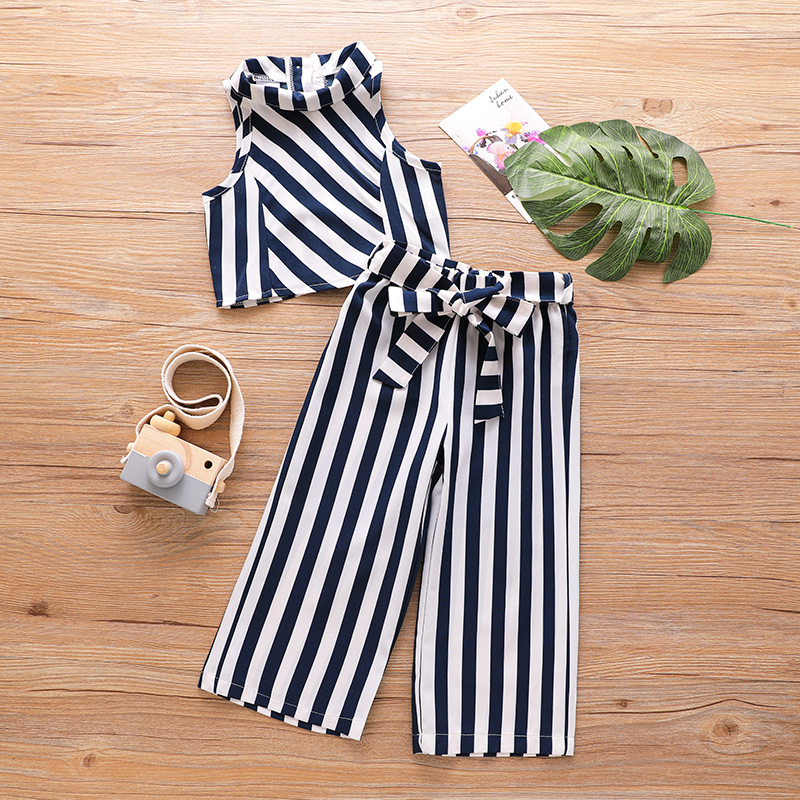 

2-piece Toddler Girl Stripe Sleeveless Tee and Belted Pants Set